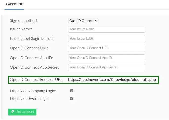 Screenshot showing the OpenID Connect Redirect URI value from InEvent.