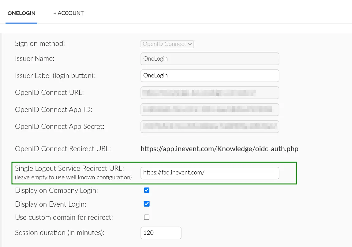 Screenshot showing the Single Logout Service Redirect URL field.