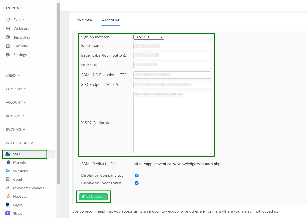 Screenshot showing the SAML 2.0 integration screen at the InEvent platform.