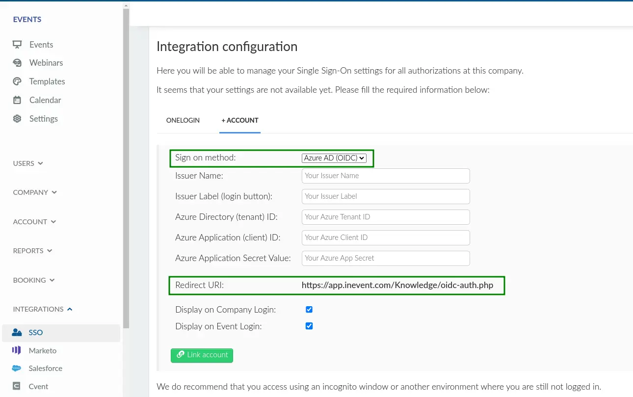 Screenshot showing the Azure AD integration screen.