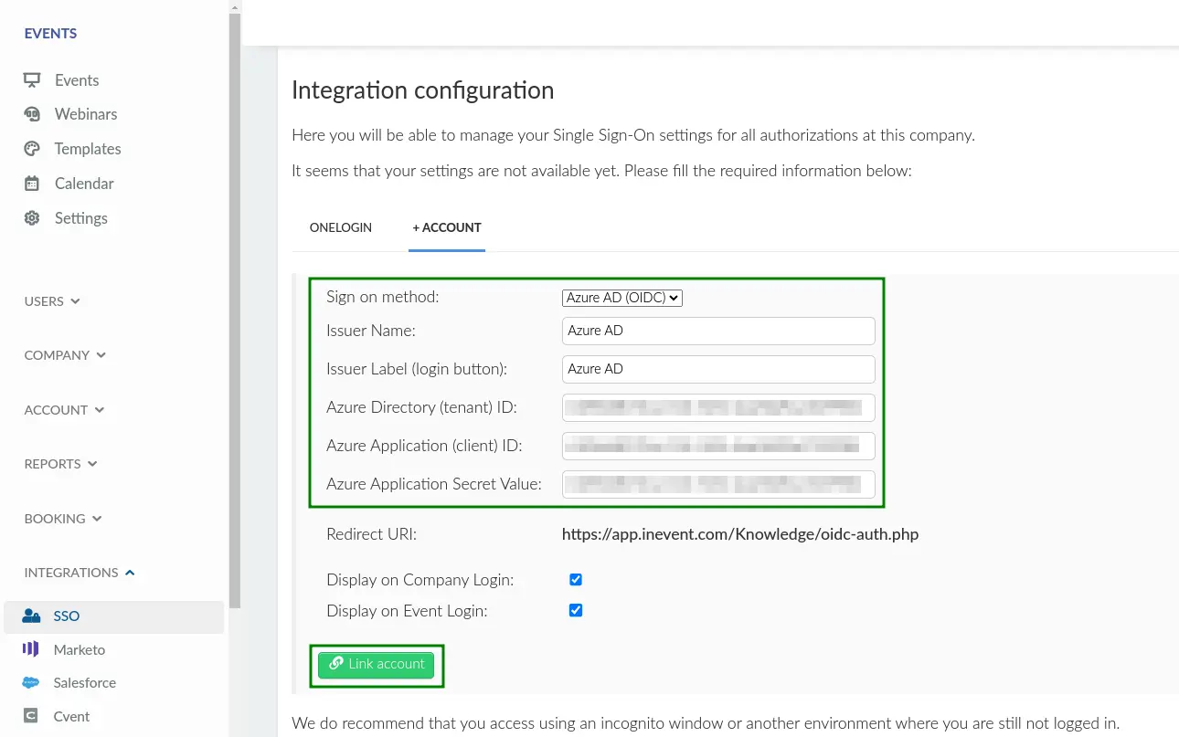 Screenshot showing the Azure AD (OIDC) integration configuration interface from the Company level