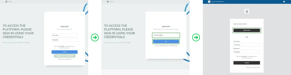 Screenshots showing the log in flow using an Enterprise account.