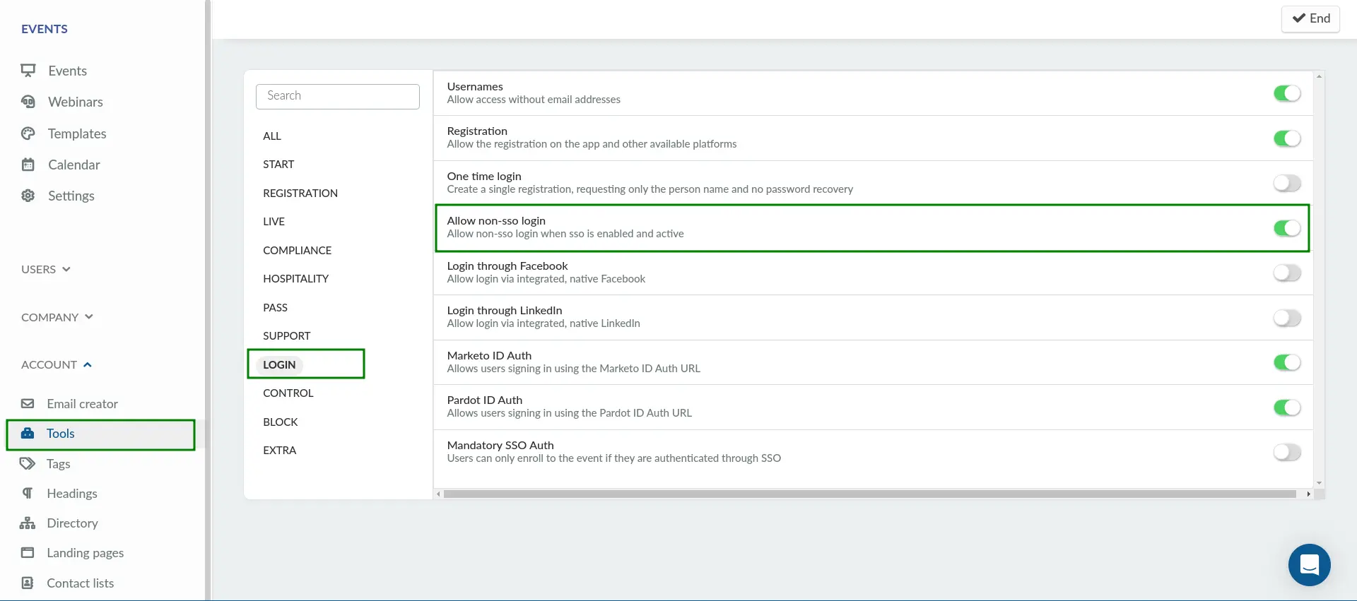 Screenshot showing an interface of Company tools with Allow non-sso login enabled.