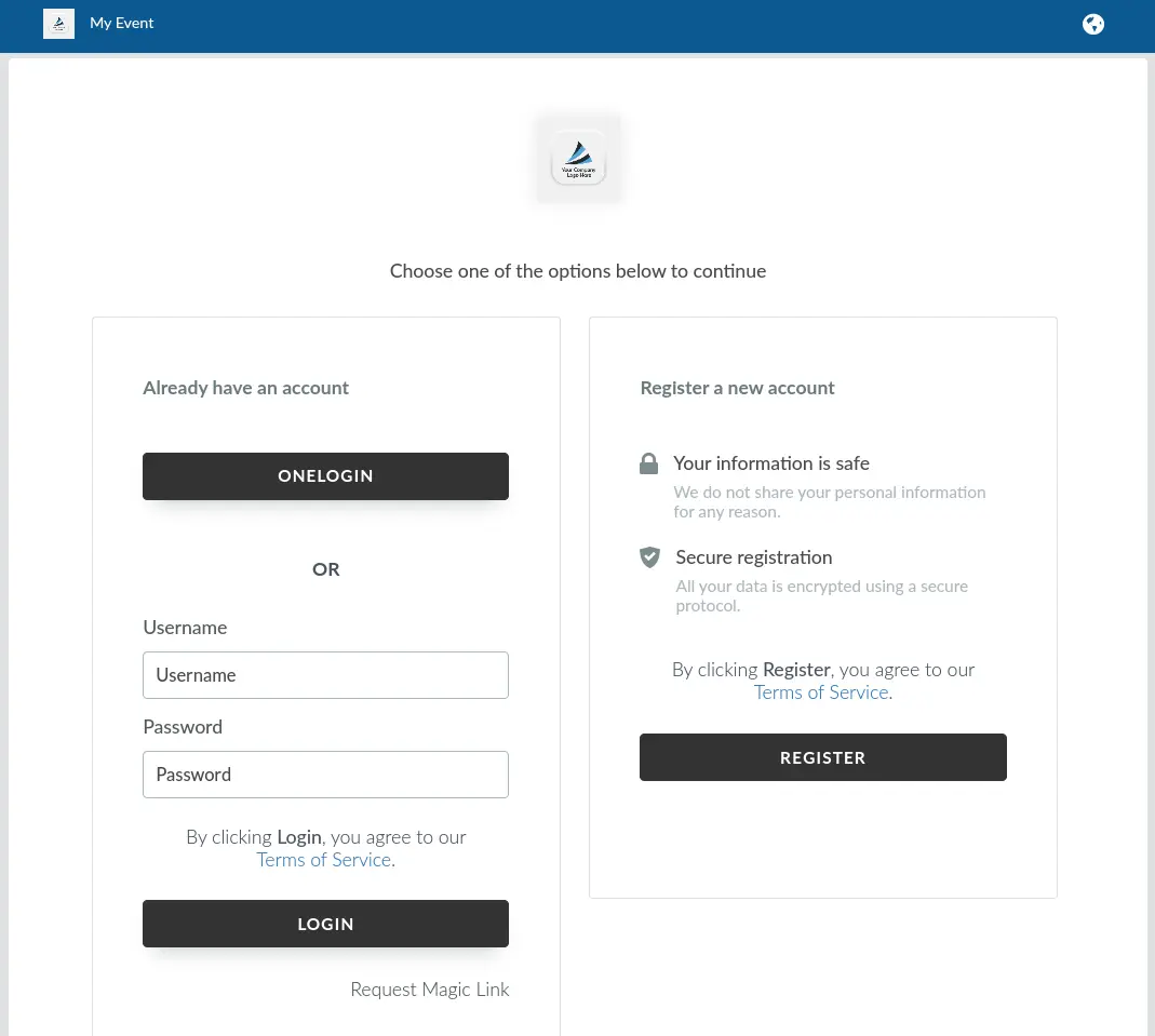 Screenshot showing the Event level log in interface with an SSO log in option enabled and non-SSO log in allowed