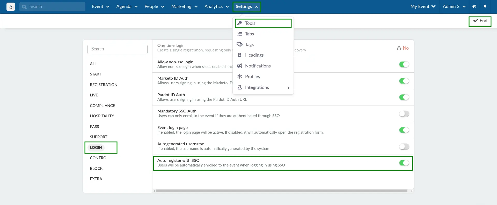 GIF showing how to enable the the Auto register with SSO tool within Event tools.