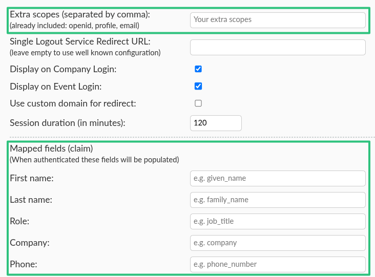 Screenshot showing scopes and mapped fields