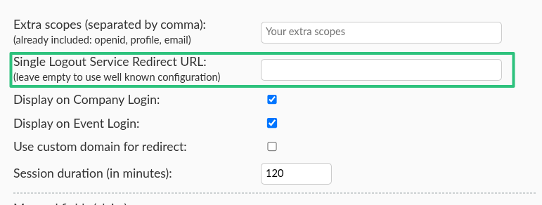 Screenshot showing the Single Logout Service Redirect URL field.
