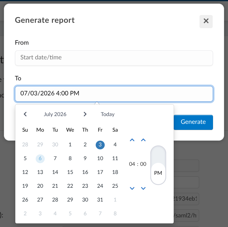 Screenshot showing the generate report pop-up window
