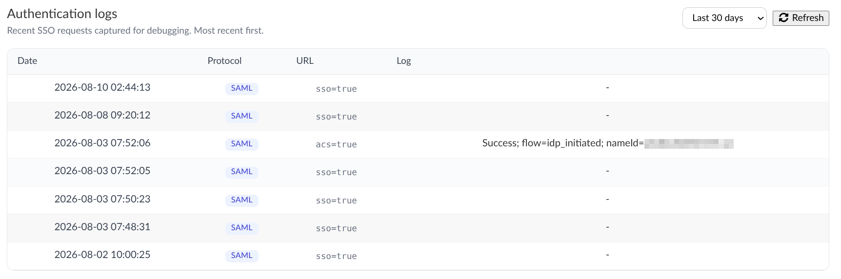 Screenshot of the SSO authentication logs
