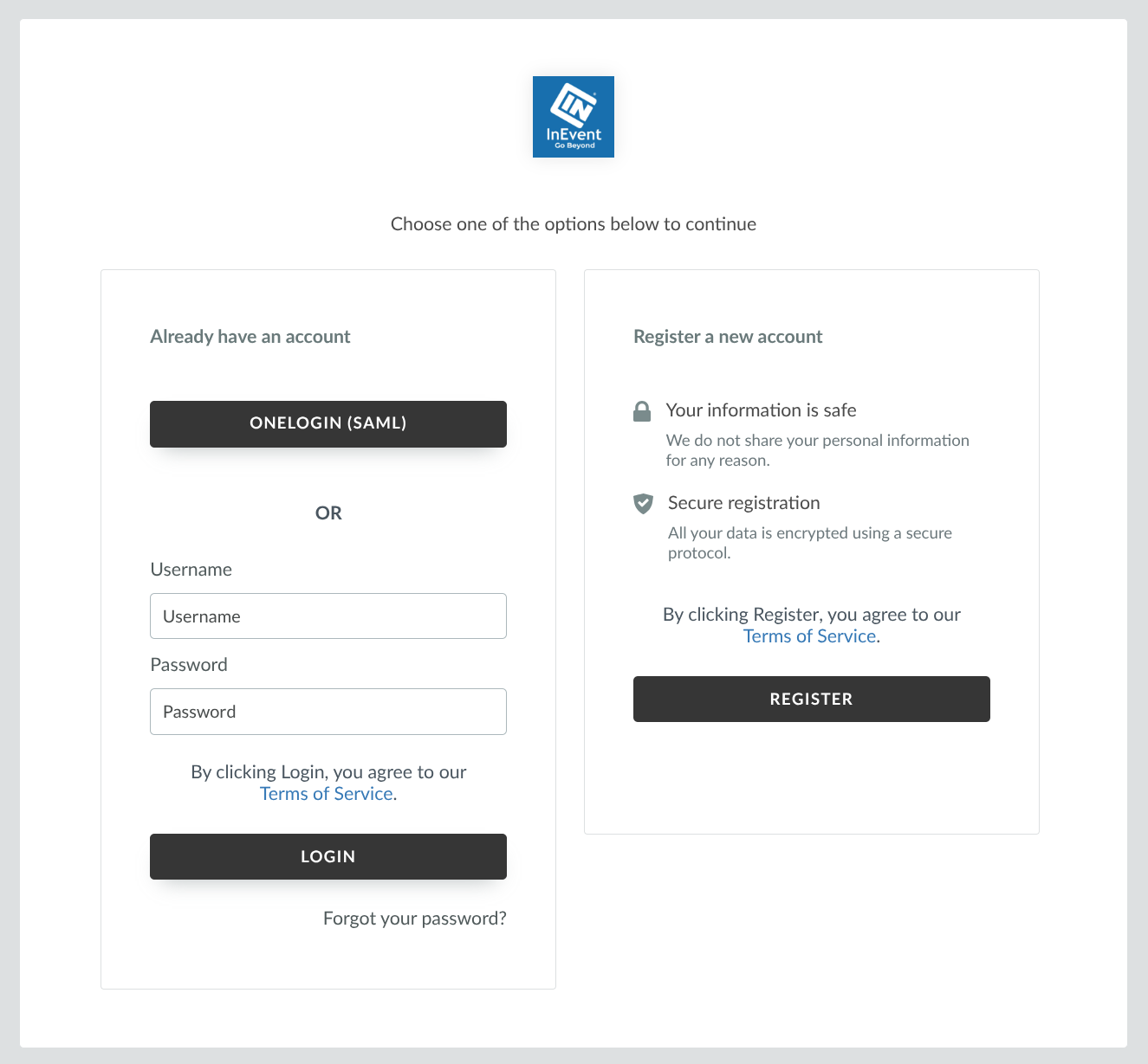 Screenshot showing the login screen with SSO and InEvent login