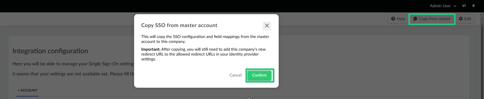 Screenshot showing the Copy from master button.