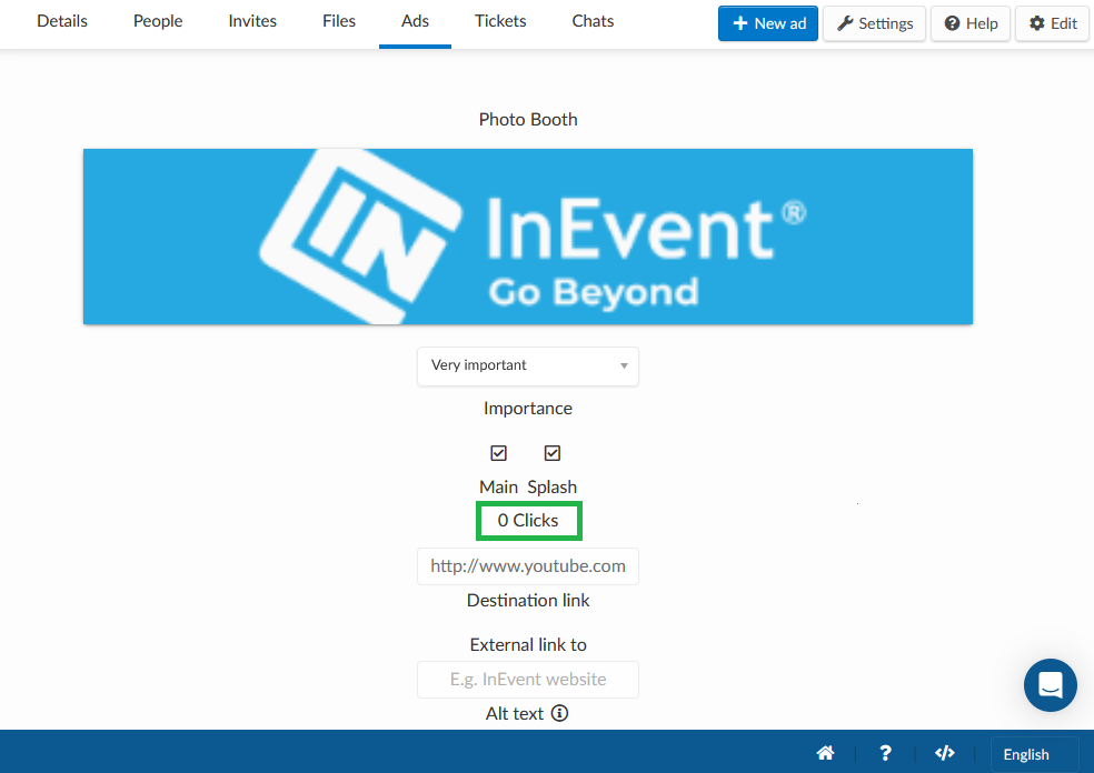 Screenshot showing how many clicks the photo booth ad got