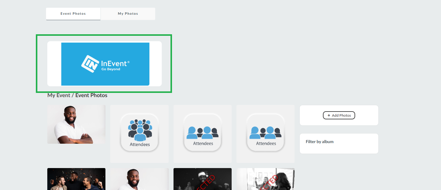 Event Photos tab displaying a Sponsor ad