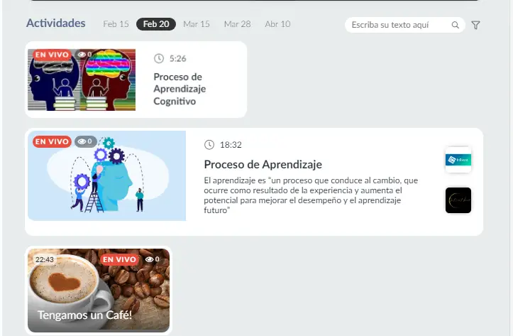 A continuación se muestra una imagen de cómo se verá el Virtual Lobby cuando personalice el tipo de diseño para sus actividades de forma individual utilizando los diferentes tamaños