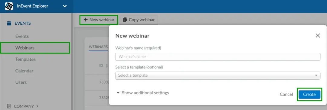 screenshot showing how to create a webinar