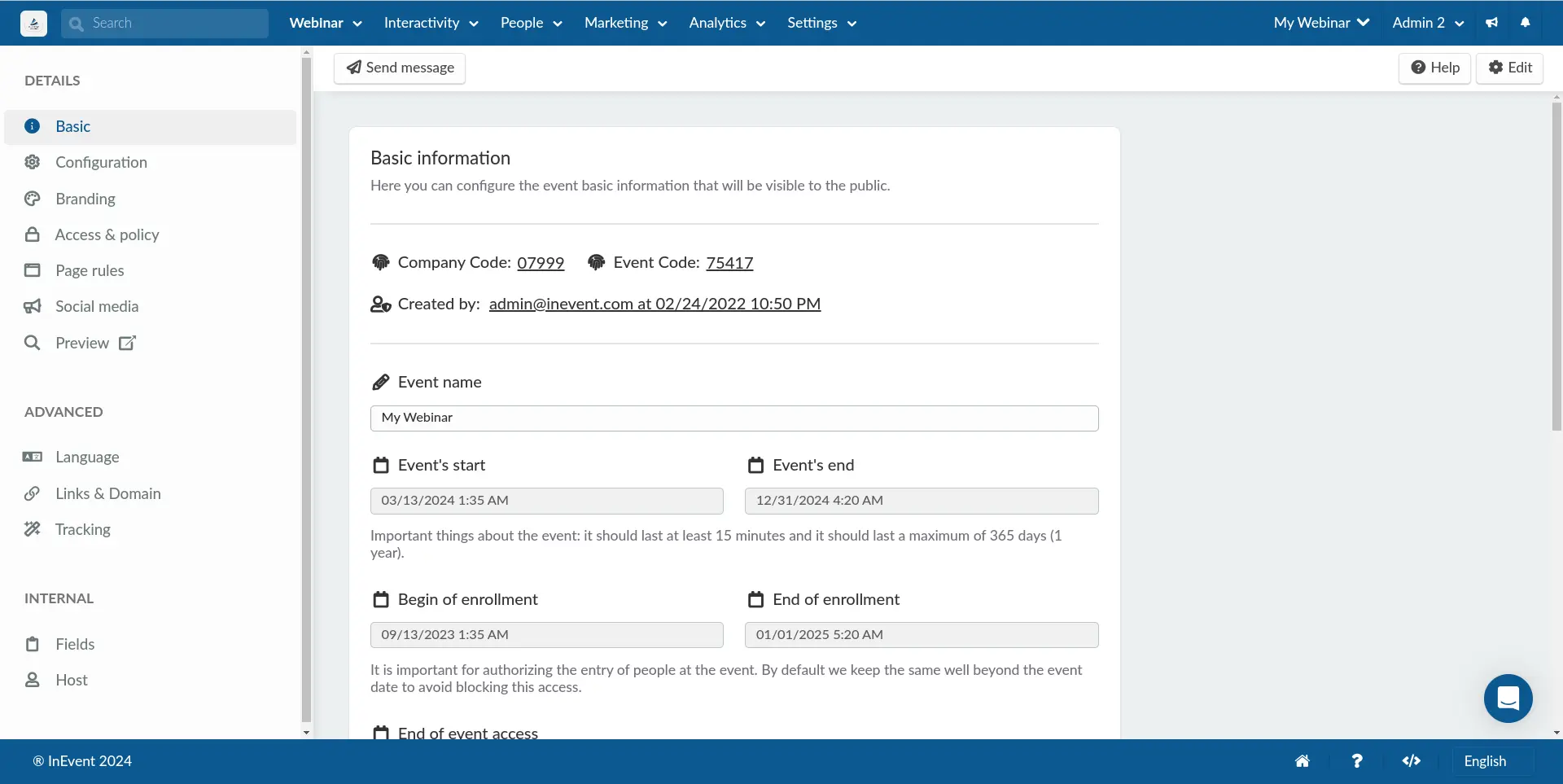 Screenshot showing the webinar details page