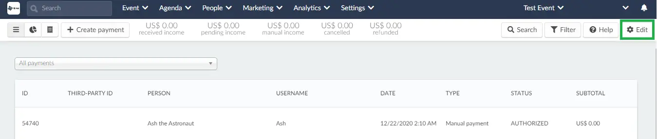 Screenshot of the payments page and the edit button highlighted.