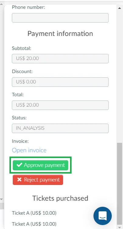 Screenshot of the approve or reject payment buttons.