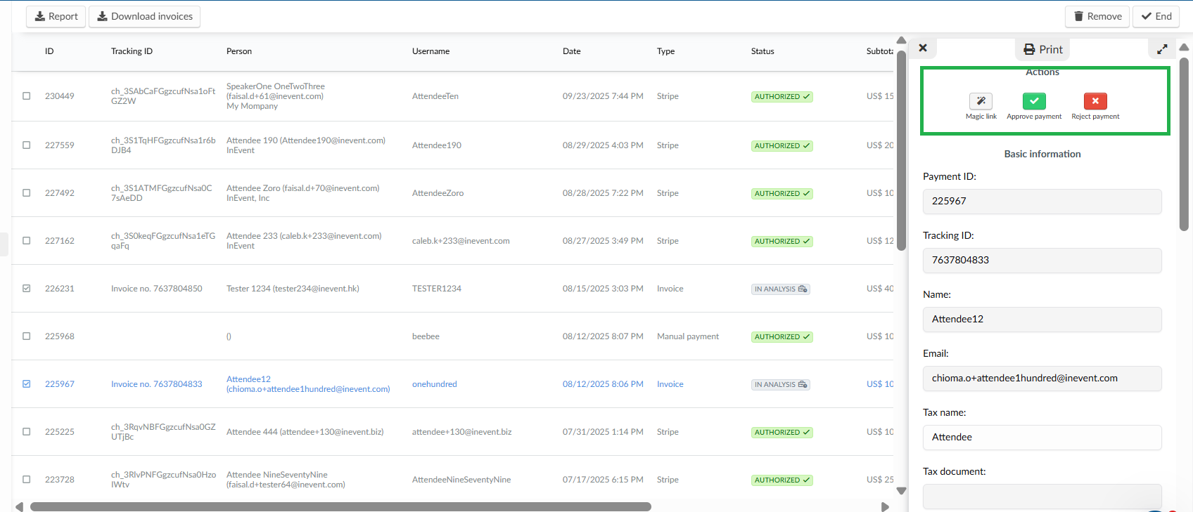 Screenshot of the approve or reject payment buttons.