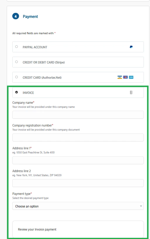 Screenshot of the invoice option fields on the registration form.