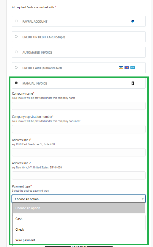 Screenshot of the invoice option fields on the registration form.