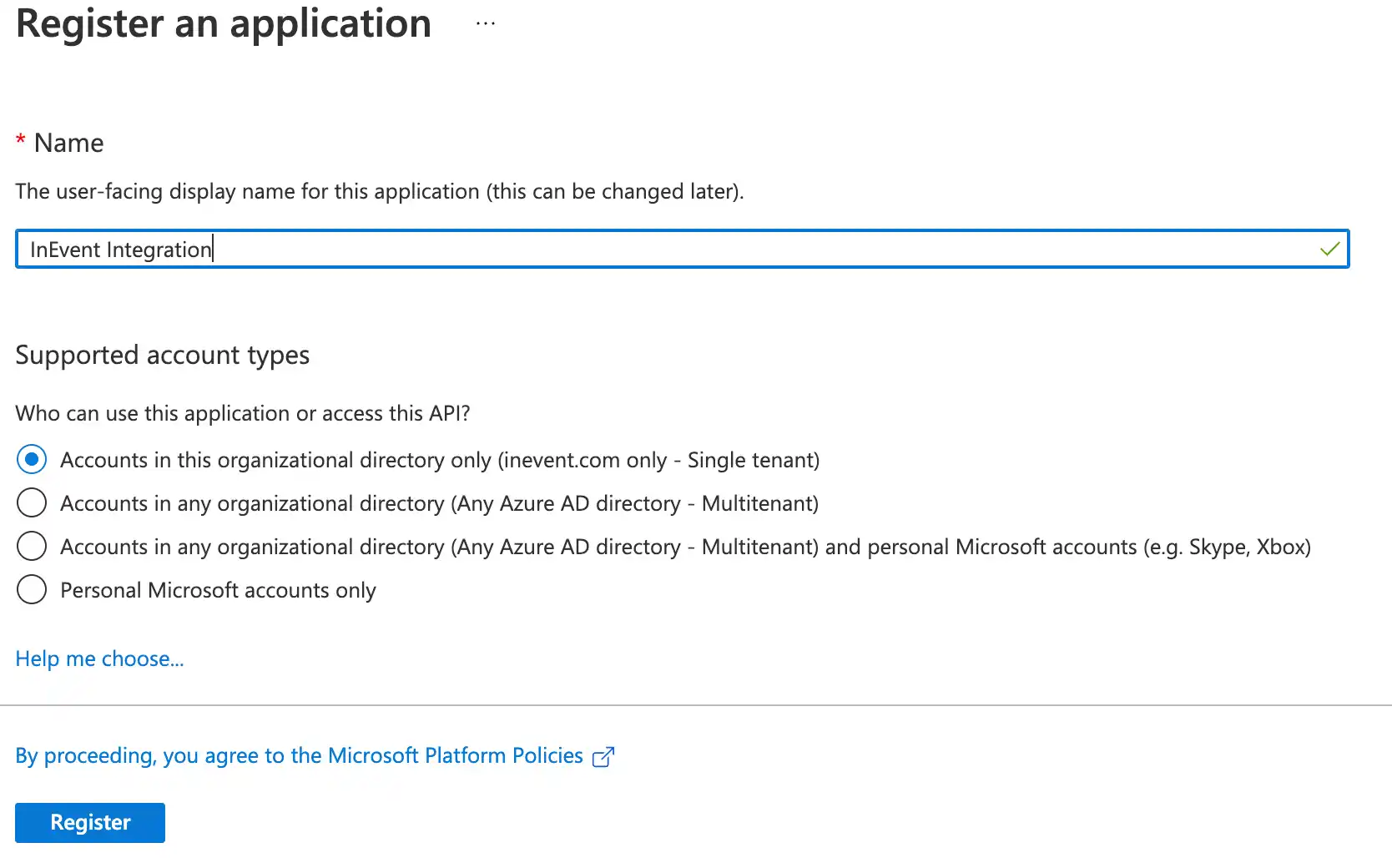 Nouvel enregistrement sur Azure Active Directory