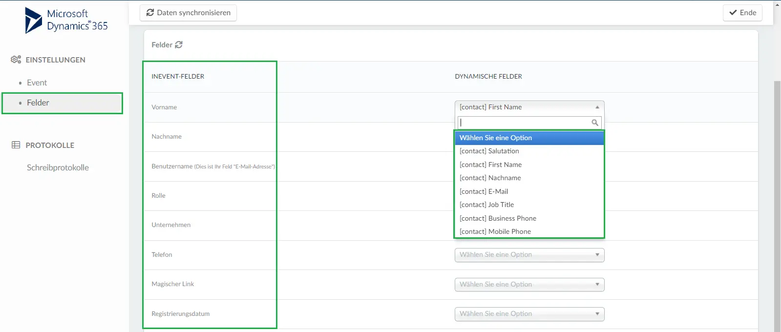 InEvents fields and Dynamics fields