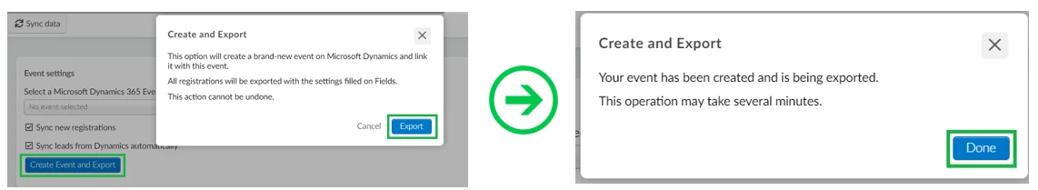 Image showing how to export the event to Microsoft dynamics by clicking on the Create event and export button and then the done button