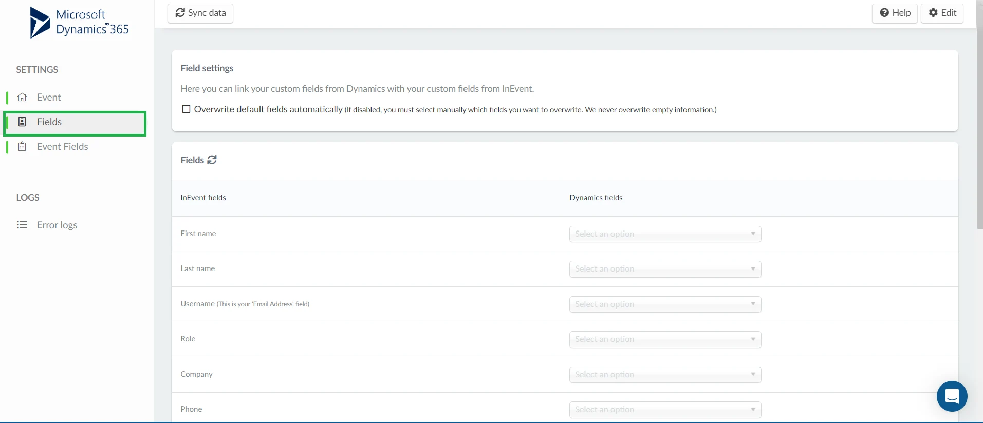 Image showing the Fields tab and page in Microsoft Dynamics