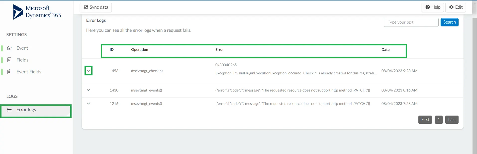 Image showing the Error logs page that shows the operation and error fields