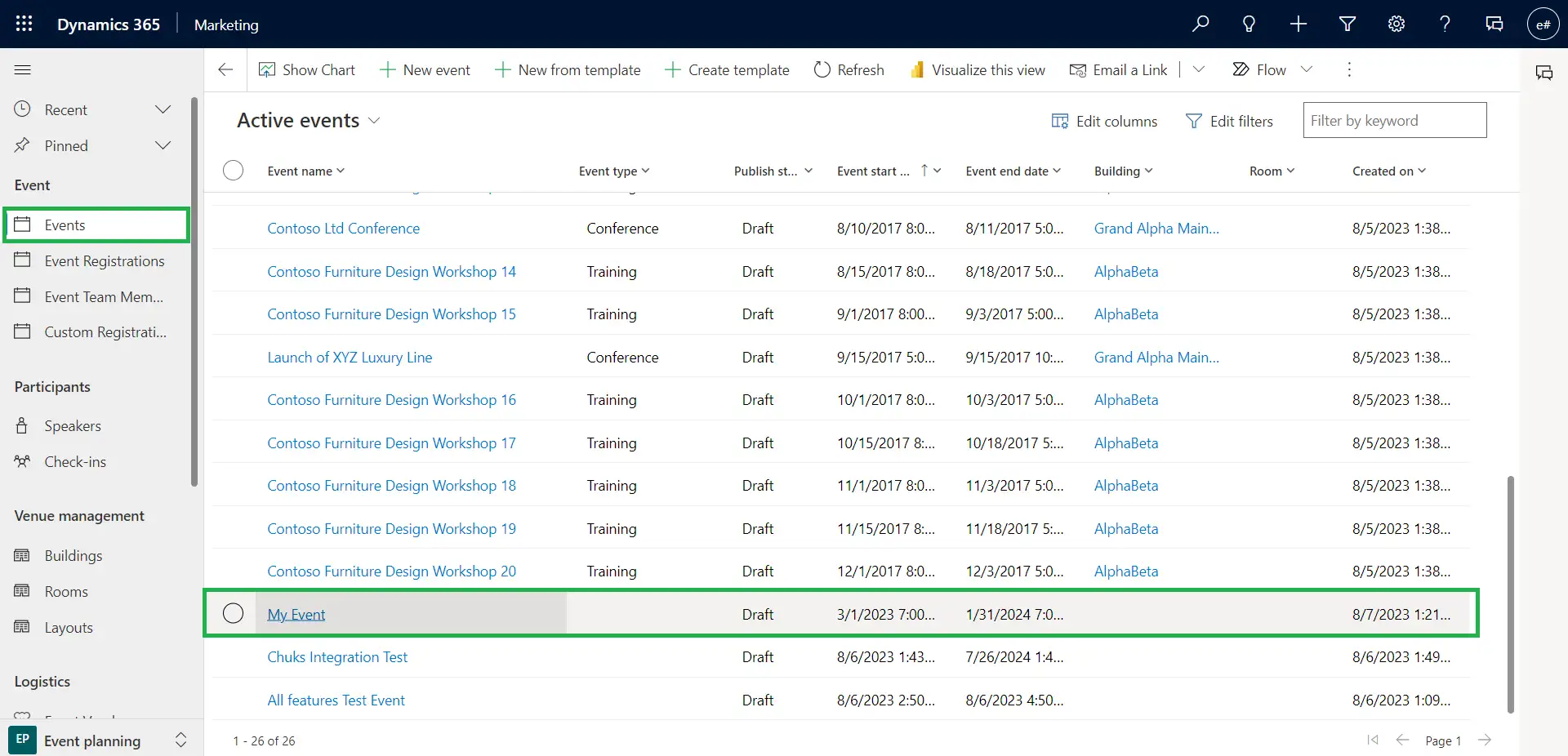 Image showing the Events tab in Microsoft Dynamics and how it displays all the events you have synced