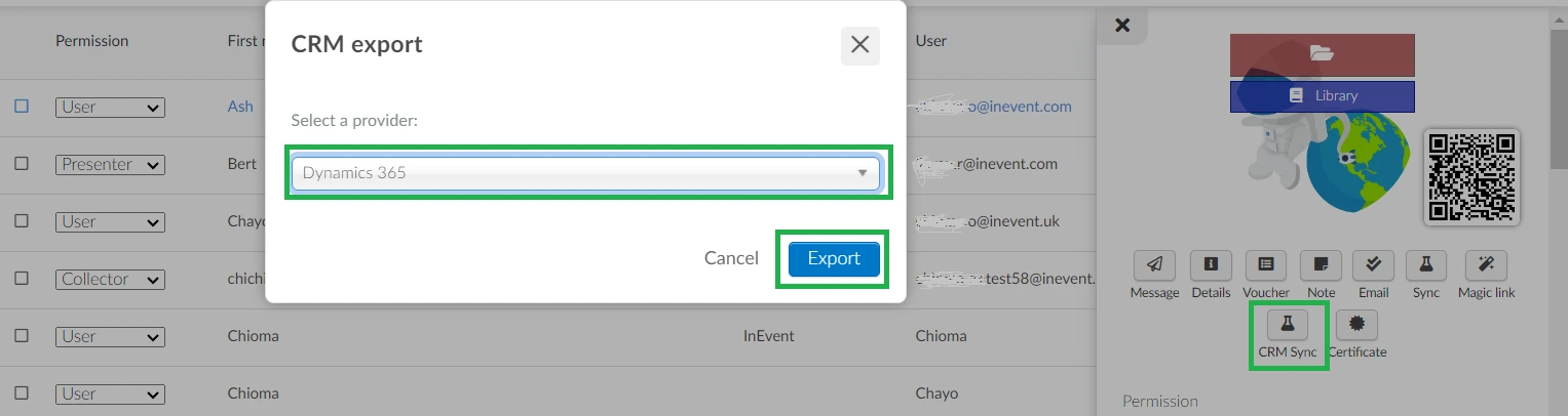 Image showing the CRM sync button found in any of the attendee profiles and how once clicked on, you can export attendee data