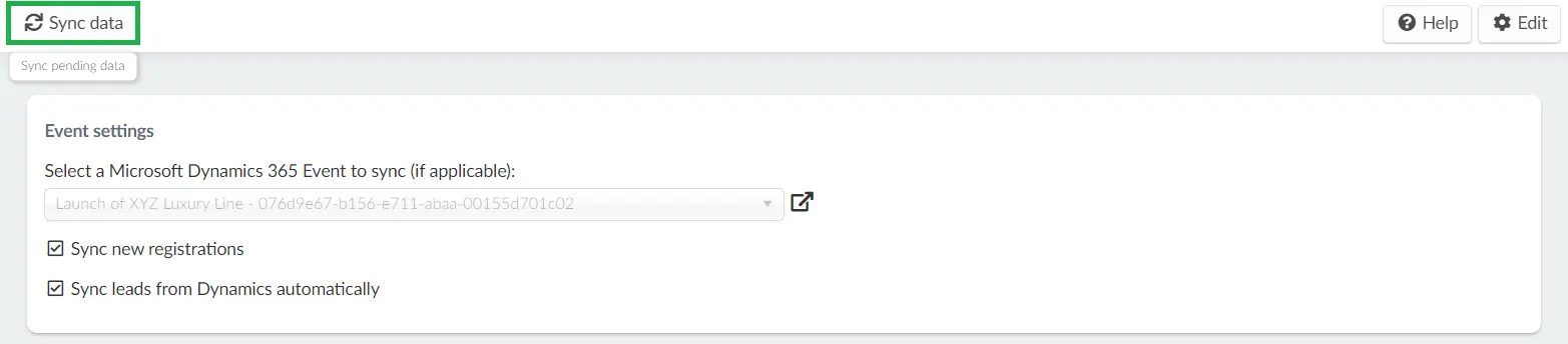 Image showing the Sync data button in the Event settings section.