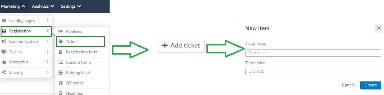 Marketing > tickets > add ticket > name > price