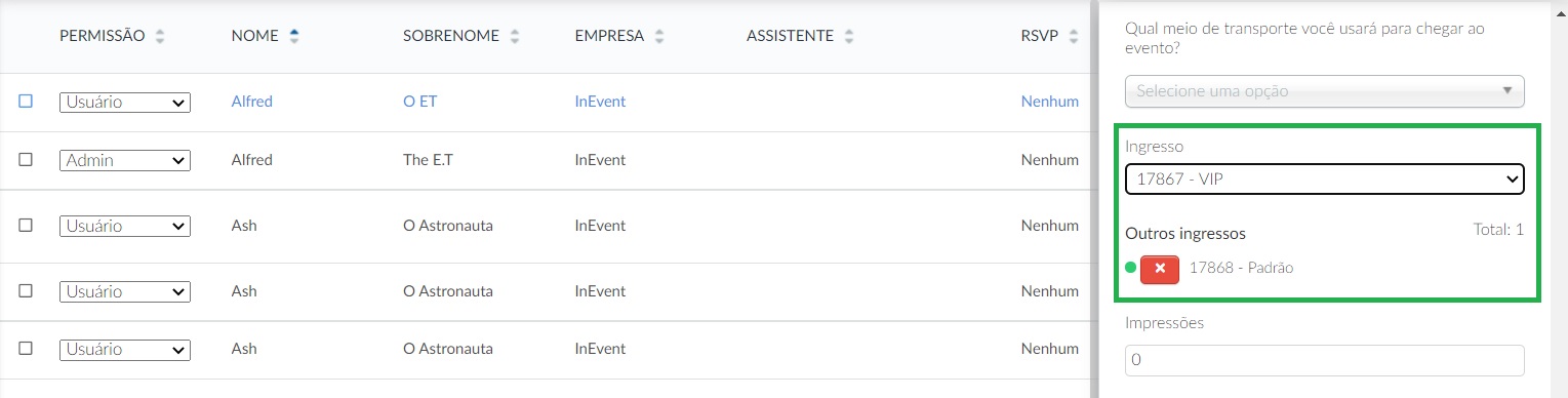 Atribuindo um ingresso a um participante