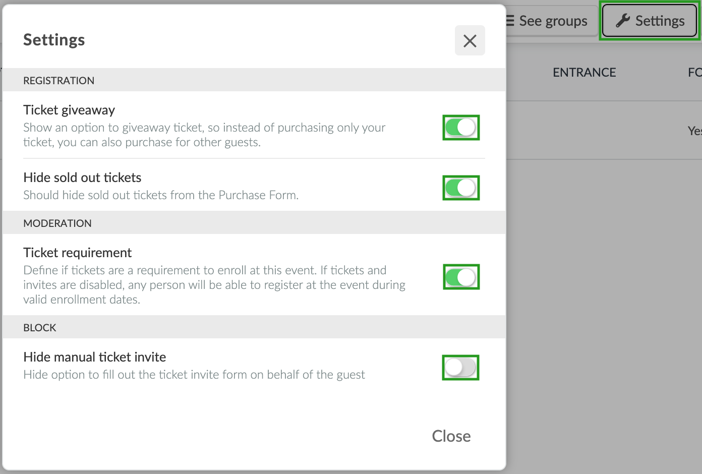 Image of the settings pop-up in the Tickets page