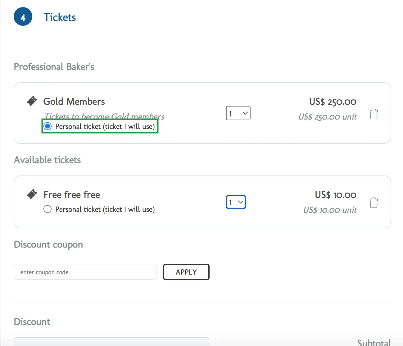 Image showing how tickets appear on the registration form with the option to assign a ticket to yourself