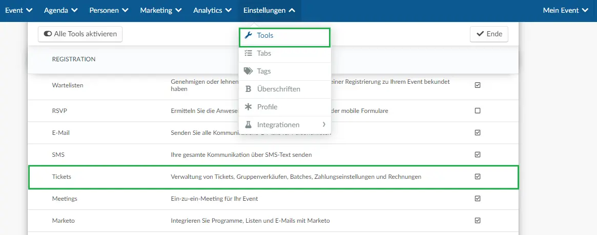 Tickets für die Veranstaltung aktivieren