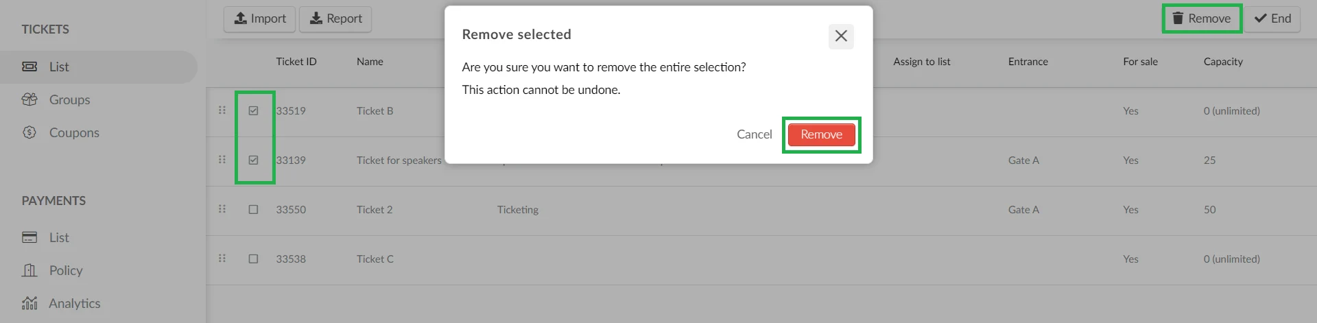 Marketing > tickets > select a ticket > Edit > remove > end