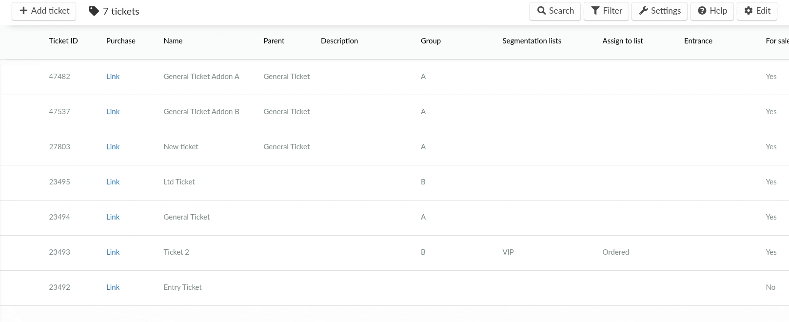 Image of the settings pop-up in the Tickets page