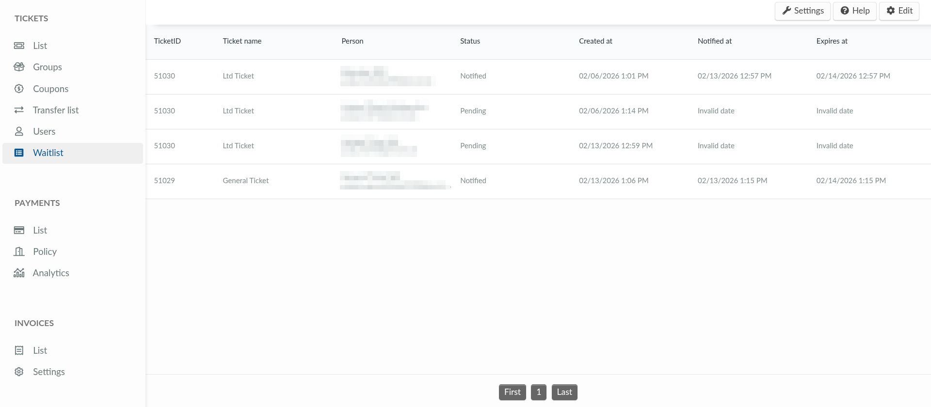 Screenshot showing the ticket waitlist