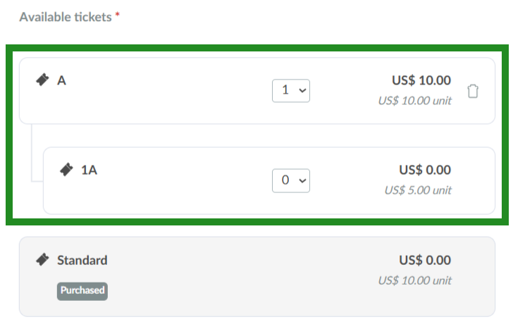 Screenshot showing parent and child ticket