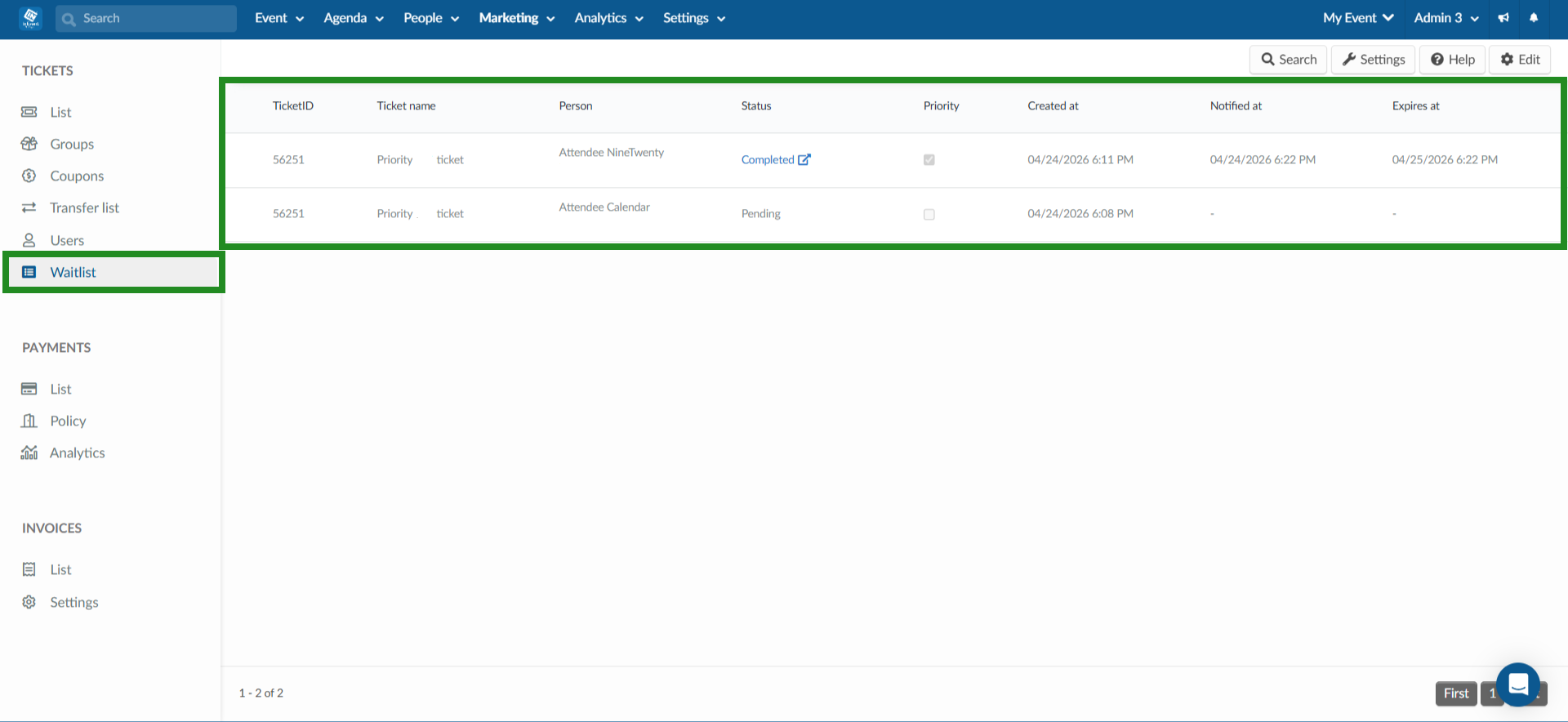 Screenshot showing the ticket waitlist dashboard
