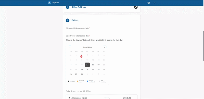 Gif showing buyer selecting dates in the ticket section during registration process.