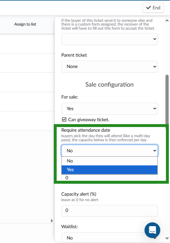 Image showing the Require attendance date configuration.