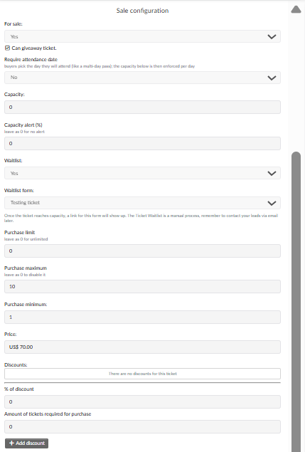 Sale configuration page