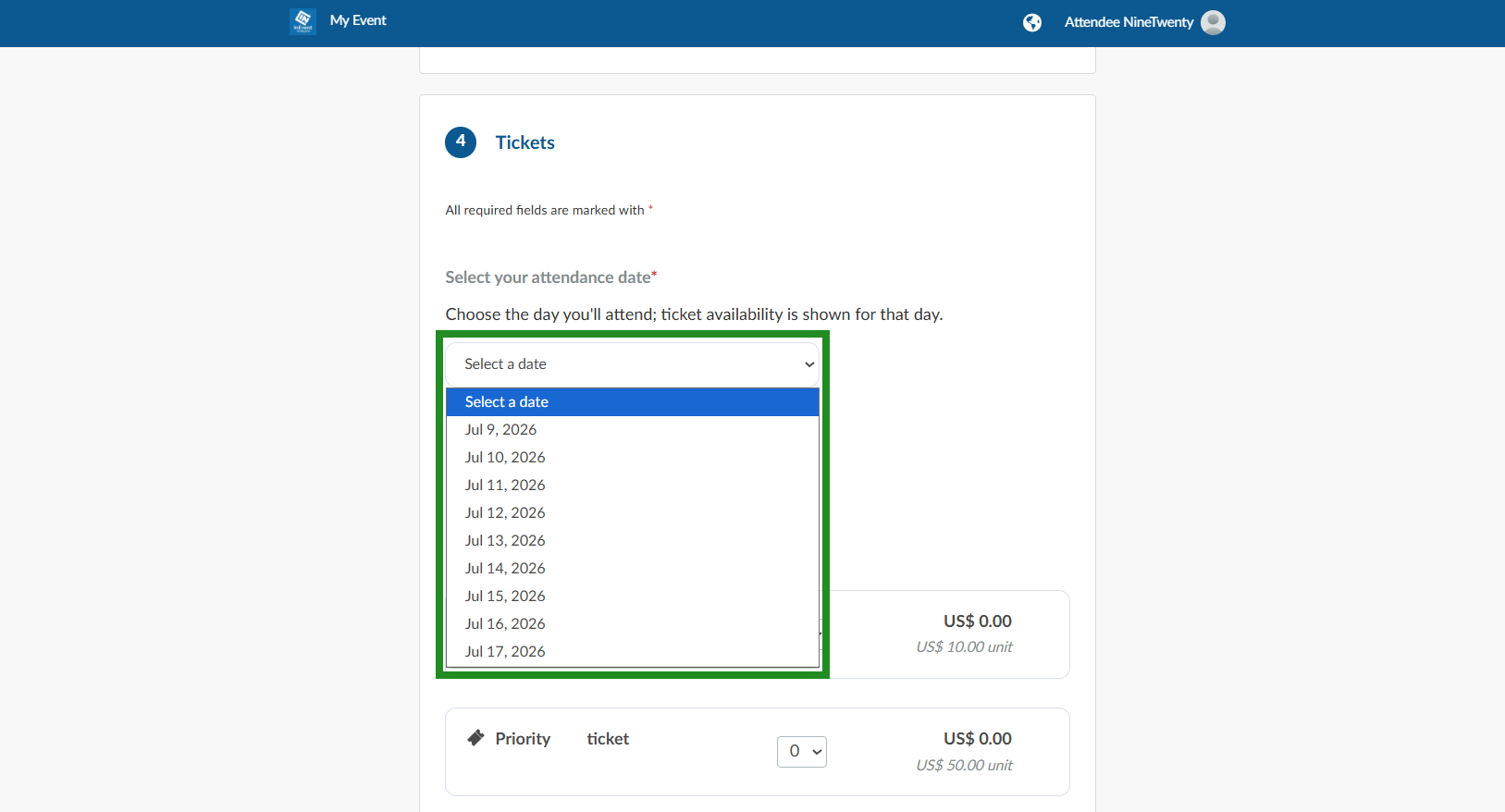 Image showing the attendance date picker as dropdown on the purchase form.