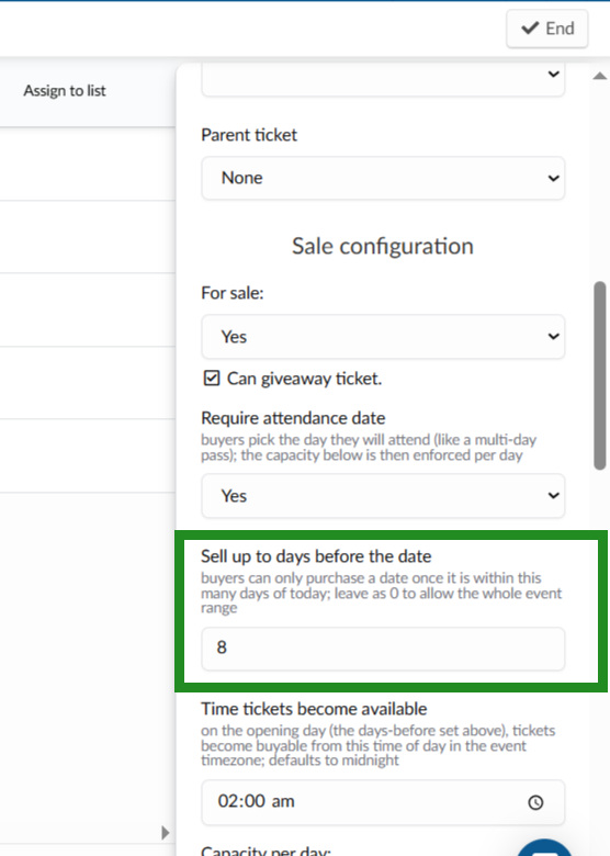 Image showing the Sell up to days before the date setting.