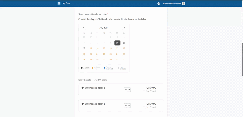 GIF showing the sell up to days before the date feature and registrant using the calendar on the purchase form, which only shows the tickets available on those dates.