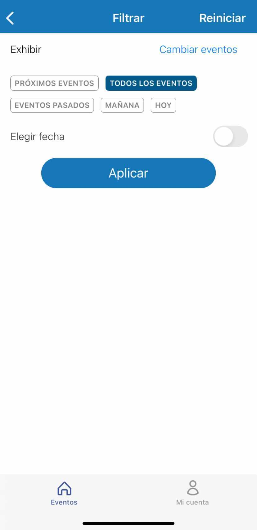 Filtro para buscar eventos en la app
